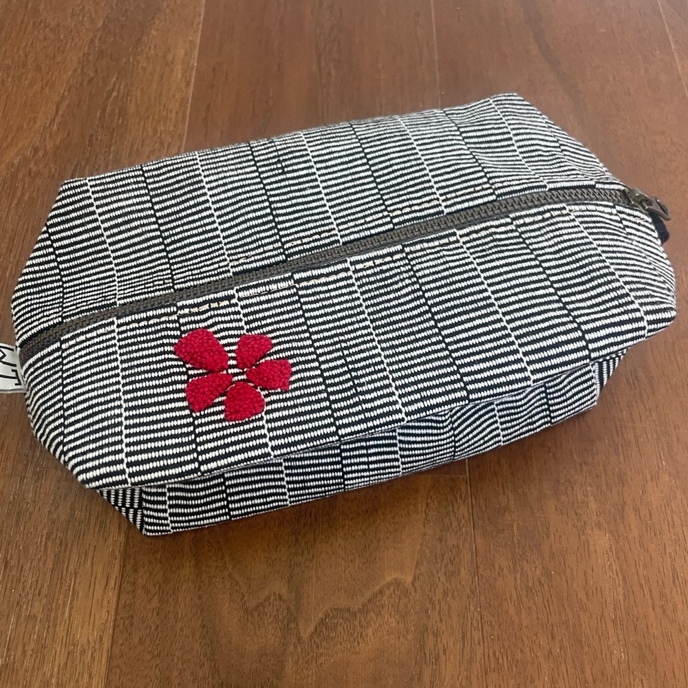 Striped Black and White Pouch with Red Flower